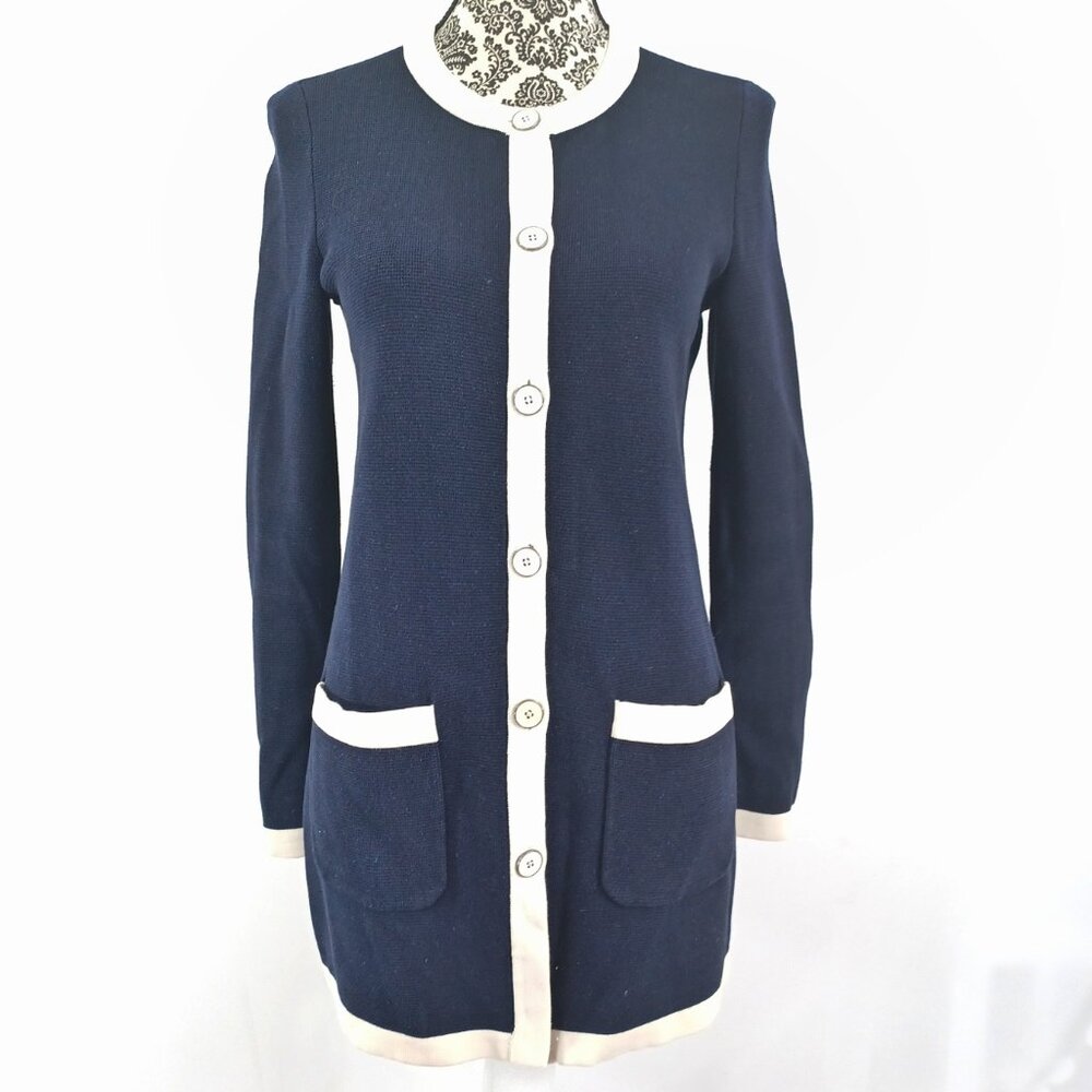 TALBOTS Sweater Long Cardigan Mini Tunic Navy White Trim S